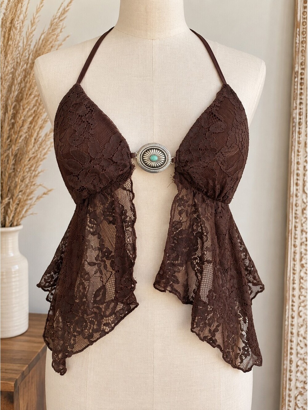 Windsor Brown Lace Halter Crop Top with Decorative Centerpiece - Medium